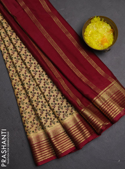 Semi mysore silk saree beige and maroon with allover floral prints and zari woven border