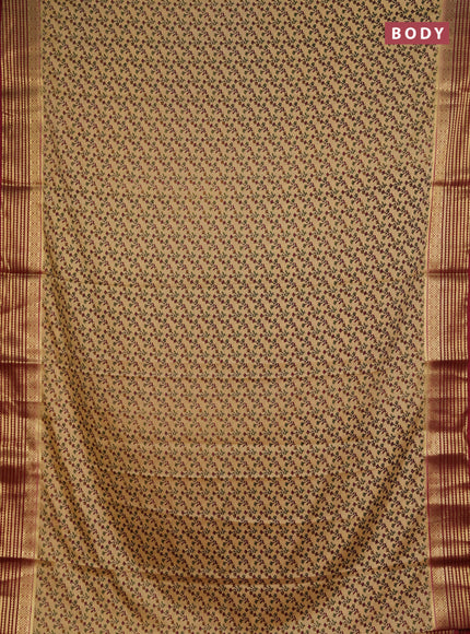 Semi mysore silk saree beige and maroon with allover floral prints and zari woven border