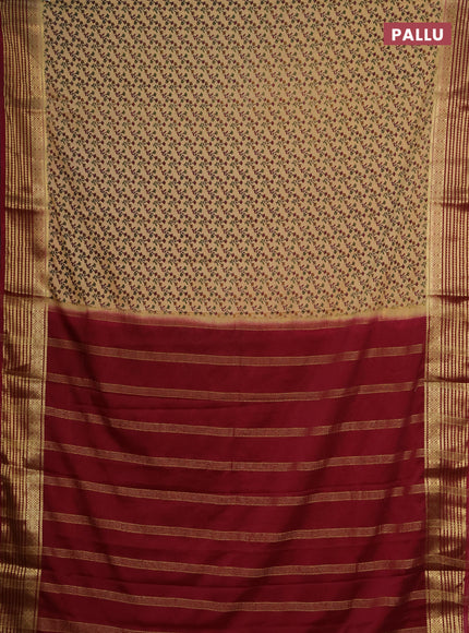 Semi mysore silk saree beige and maroon with allover floral prints and zari woven border
