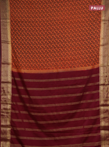 Semi mysore silk saree orange and deep maroon with allover floral prints and zari woven border