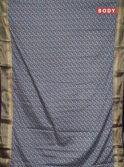 Semi mysore silk saree grey and navy blue with allover floral prints and zari woven border