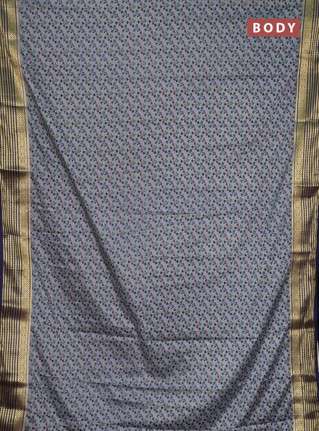 Semi mysore silk saree grey and navy blue with allover floral prints and zari woven border