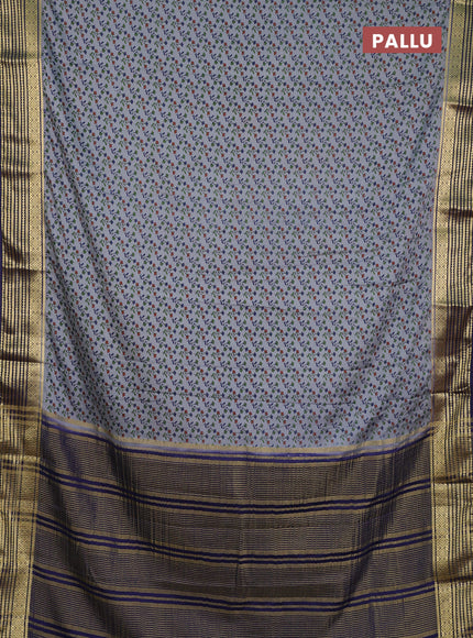 Semi mysore silk saree grey and navy blue with allover floral prints and zari woven border