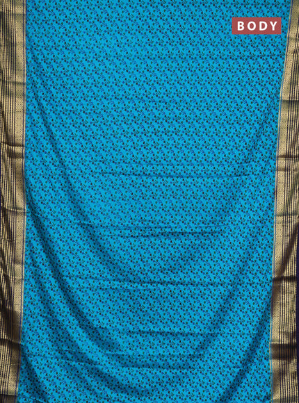 Semi mysore silk saree teal blue and navy blue with allover floral prints and zari woven border