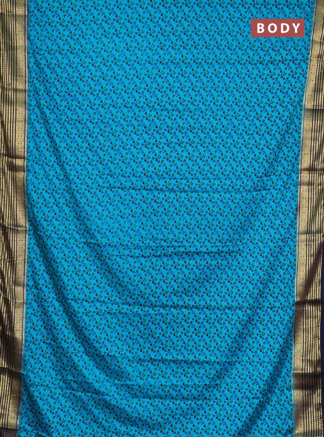 Semi mysore silk saree teal blue and navy blue with allover floral prints and zari woven border