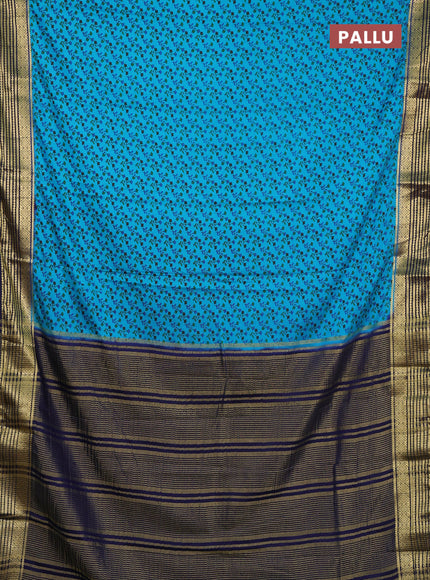 Semi mysore silk saree teal blue and navy blue with allover floral prints and zari woven border