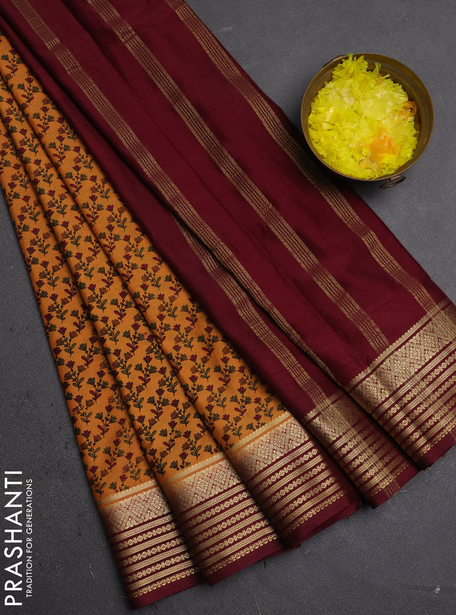 Semi mysore silk saree dark mustard and deep maroon with allover floral prints and zari woven border