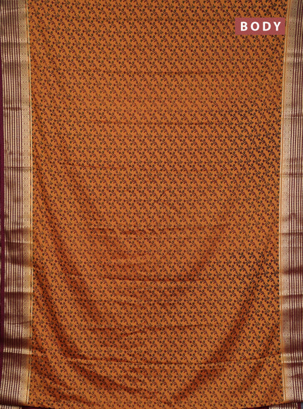 Semi mysore silk saree dark mustard and deep maroon with allover floral prints and zari woven border