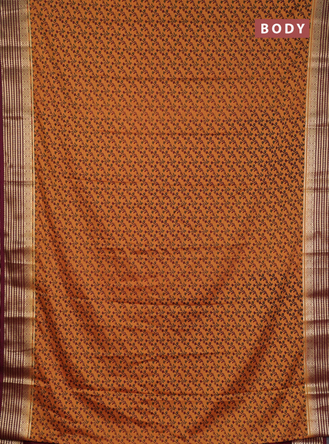Semi mysore silk saree dark mustard and deep maroon with allover floral prints and zari woven border
