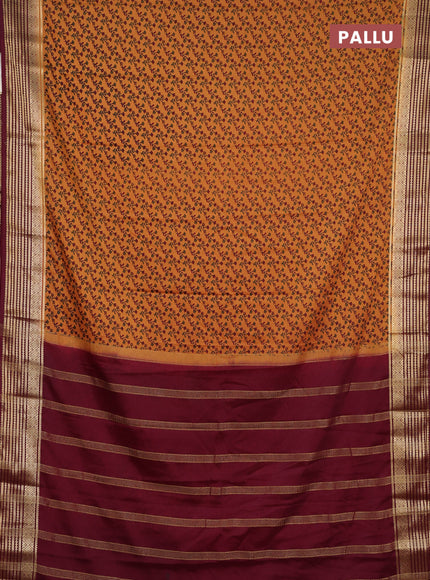 Semi mysore silk saree dark mustard and deep maroon with allover floral prints and zari woven border