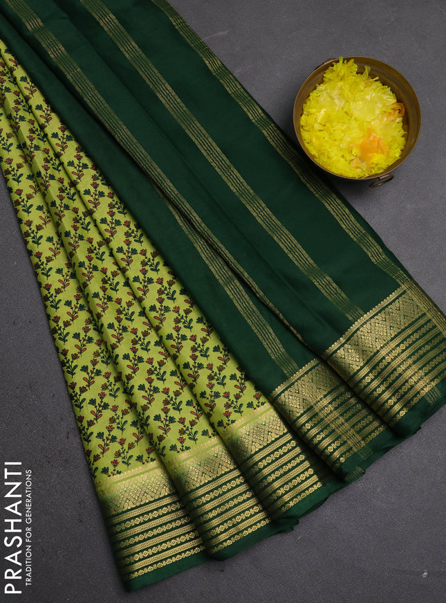 Semi mysore silk saree light green and green with allover floral prints and zari woven border