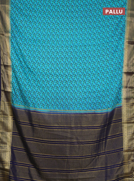 Semi mysore silk saree teal blue and navy blue with allover floral prints and zari woven border