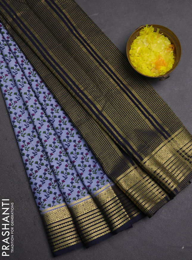 Semi mysore silk saree grey and navy blue with allover floral prints and zari woven border