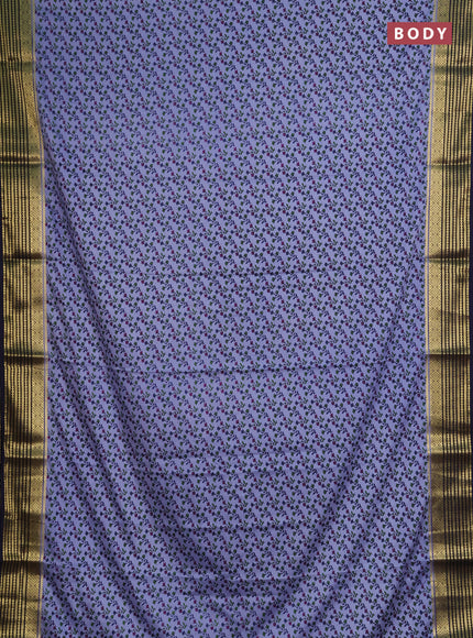 Semi mysore silk saree grey and navy blue with allover floral prints and zari woven border