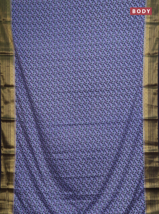 Semi mysore silk saree grey and navy blue with allover floral prints and zari woven border