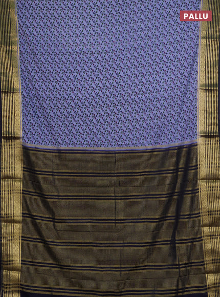 Semi mysore silk saree grey and navy blue with allover floral prints and zari woven border
