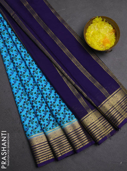 Semi mysore silk saree teal blue and navy blue with allover floral prints and zari woven border
