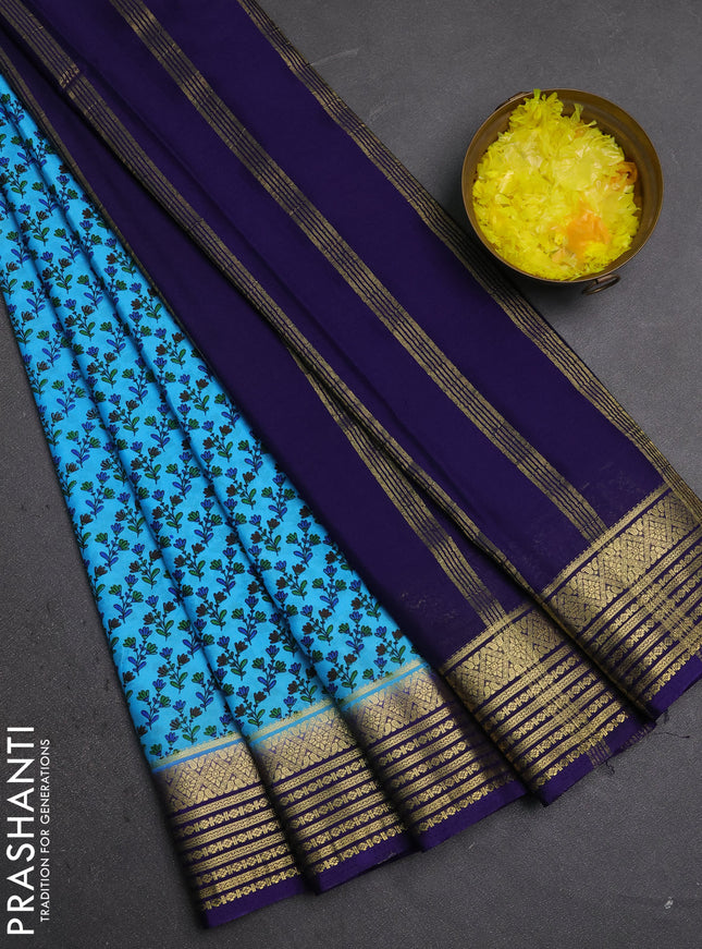 Semi mysore silk saree teal blue and navy blue with allover floral prints and zari woven border