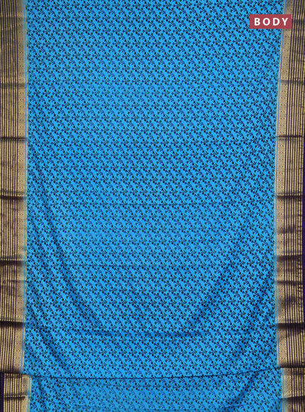 Semi mysore silk saree teal blue and navy blue with allover floral prints and zari woven border