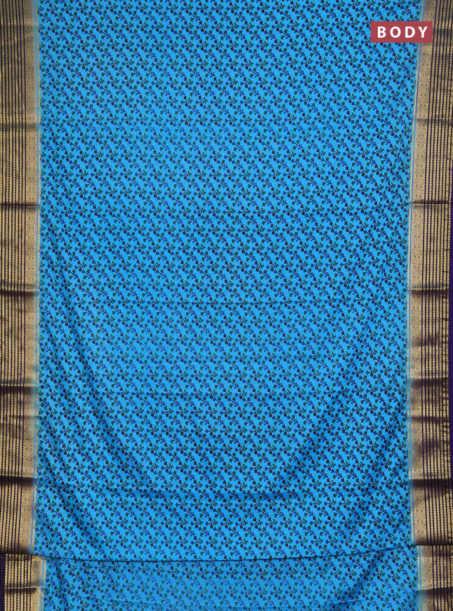 Semi mysore silk saree teal blue and navy blue with allover floral prints and zari woven border