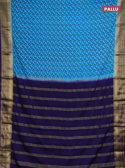 Semi mysore silk saree teal blue and navy blue with allover floral prints and zari woven border