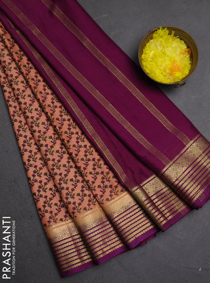 Semi mysore silk saree peach shade and purple with allover floral prints and zari woven border