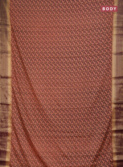 Semi mysore silk saree peach shade and purple with allover floral prints and zari woven border