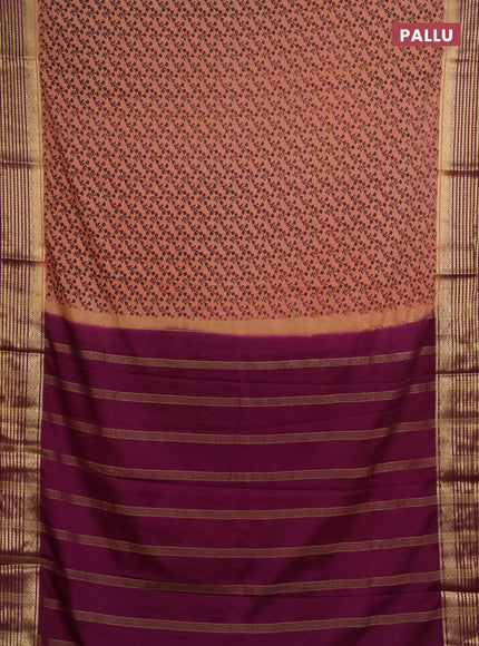 Semi mysore silk saree peach shade and purple with allover floral prints and zari woven border