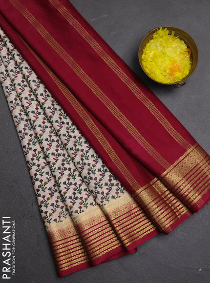 Semi mysore silk saree cream and maroon with allover floral prints and zari woven border