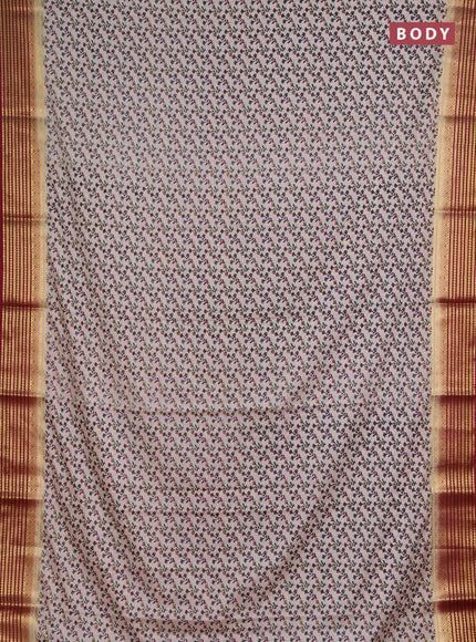 Semi mysore silk saree cream and maroon with allover floral prints and zari woven border