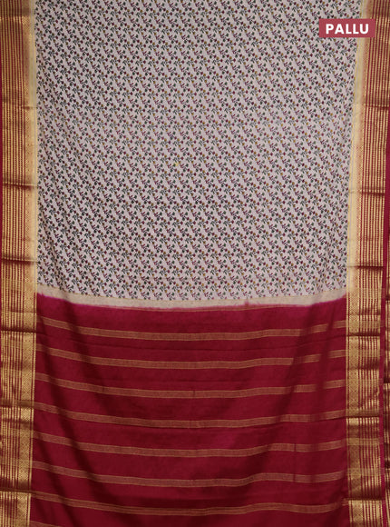 Semi mysore silk saree cream and maroon with allover floral prints and zari woven border