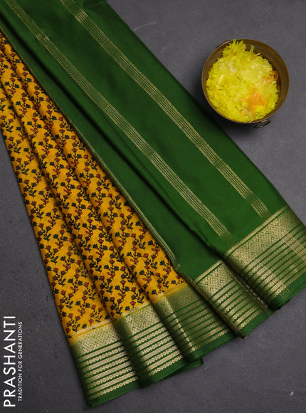 Semi mysore silk saree yellow and green with allover floral prints and zari woven border