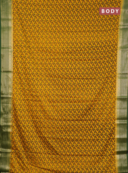 Semi mysore silk saree yellow and green with allover floral prints and zari woven border