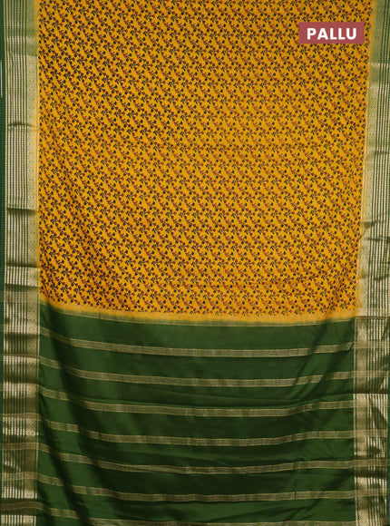 Semi mysore silk saree yellow and green with allover floral prints and zari woven border