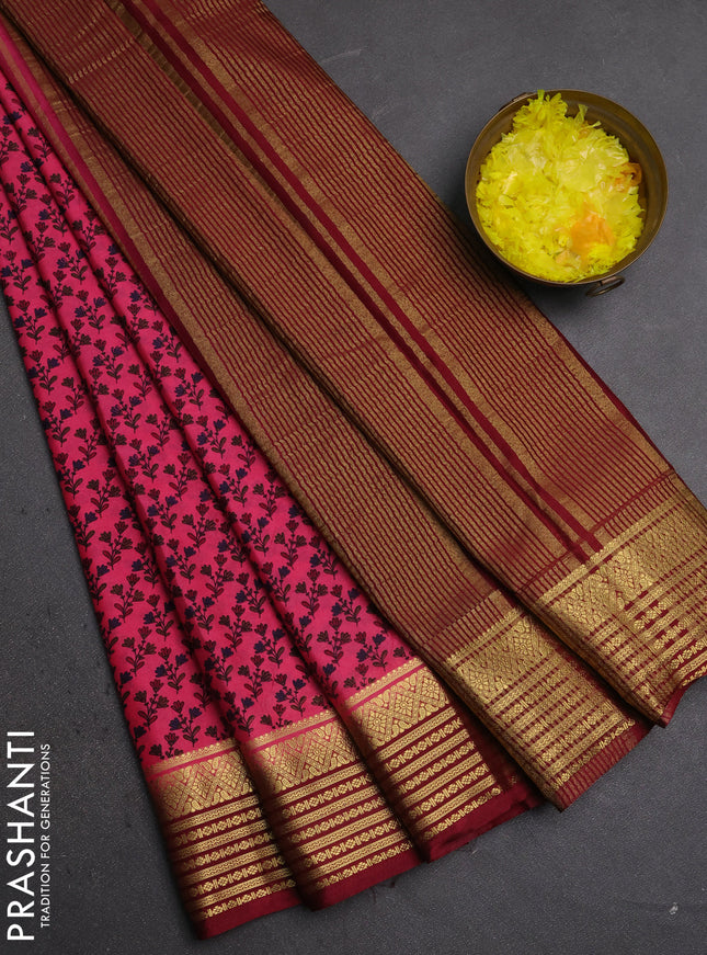 Semi mysore silk saree pink and maroon with allover floral prints and zari woven border