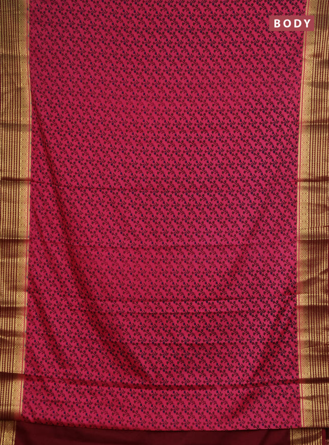 Semi mysore silk saree pink and maroon with allover floral prints and zari woven border