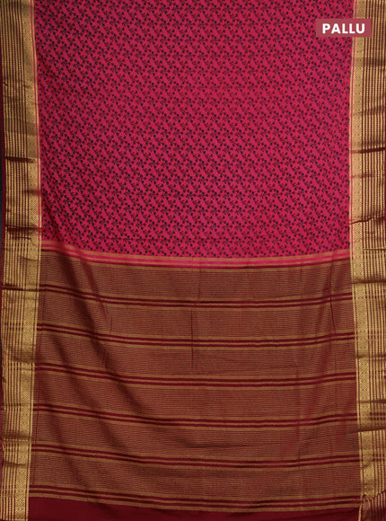 Semi mysore silk saree pink and maroon with allover floral prints and zari woven border