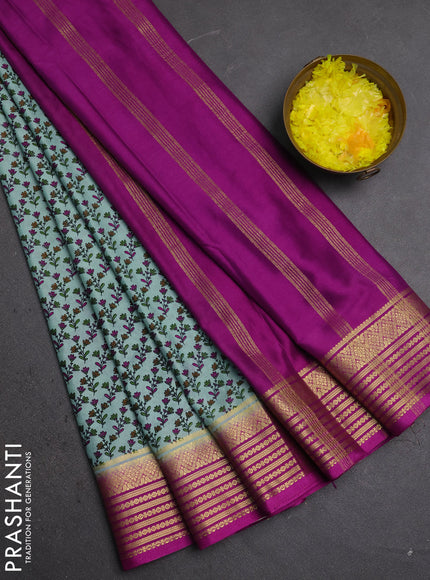 Semi mysore silk saree pastel green and pink with allover floral prints and zari woven border