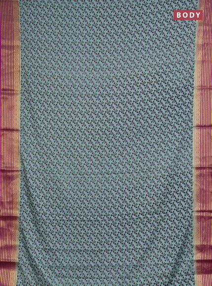 Semi mysore silk saree pastel green and pink with allover floral prints and zari woven border