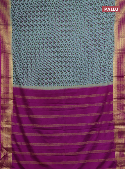 Semi mysore silk saree pastel green and pink with allover floral prints and zari woven border