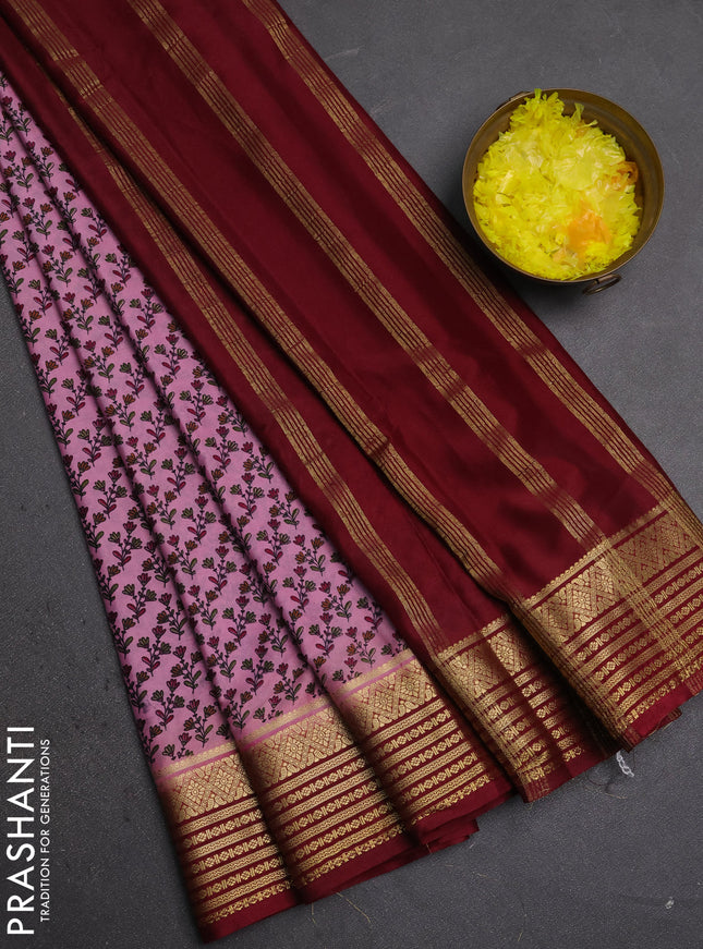 Semi mysore silk saree purple and deep maroon with allover floral prints and zari woven border