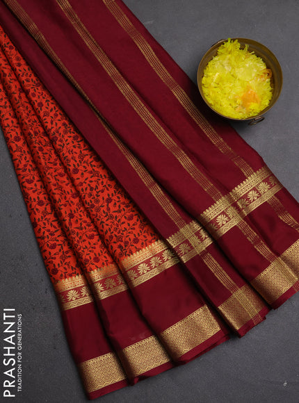 Semi mysore silk saree orange and maroon with allover floral prints and rettapet zari woven border