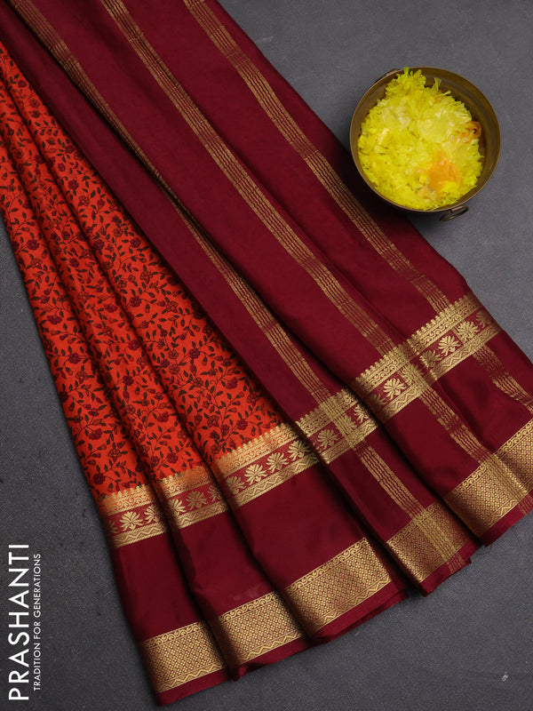 Semi mysore silk saree orange and maroon with allover floral prints and rettapet zari woven border