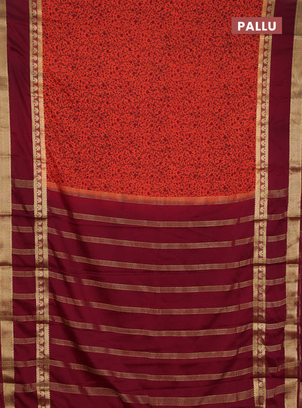 Semi mysore silk saree orange and maroon with allover floral prints and rettapet zari woven border