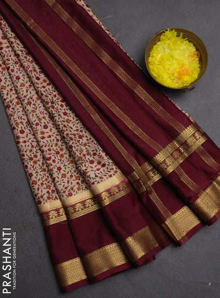 Semi mysore silk saree peach shade and deep maroon with allover floral prints and rettapet zari woven border