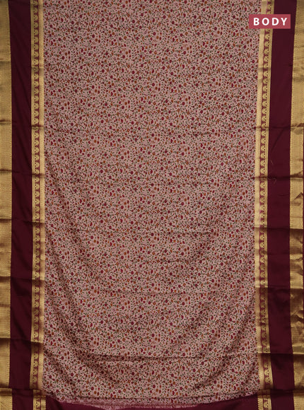 Semi mysore silk saree peach shade and deep maroon with allover floral prints and rettapet zari woven border