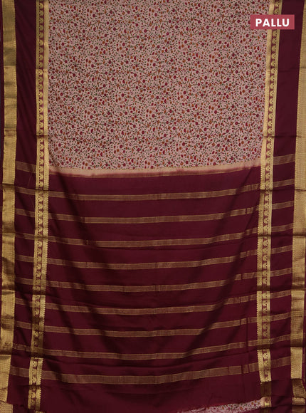 Semi mysore silk saree peach shade and deep maroon with allover floral prints and rettapet zari woven border
