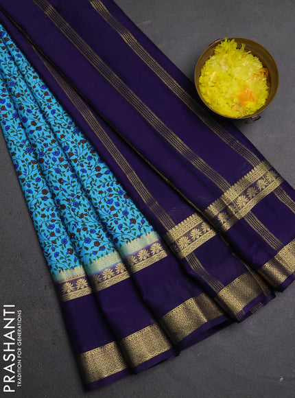 Semi mysore silk saree teal blue and navy blue with allover floral prints and rettapet zari woven border