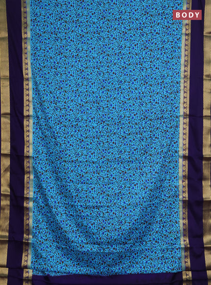 Semi mysore silk saree teal blue and navy blue with allover floral prints and rettapet zari woven border