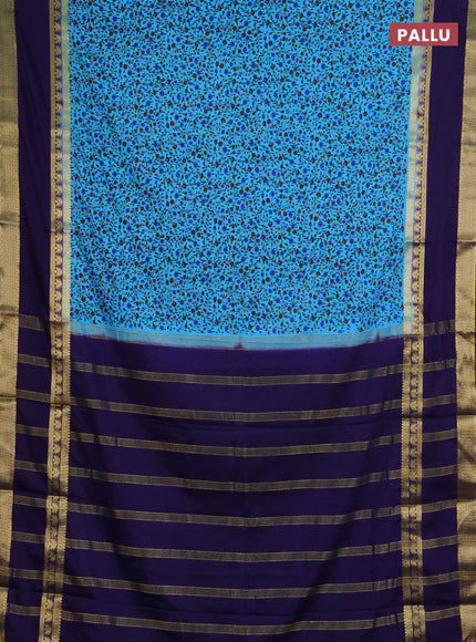 Semi mysore silk saree teal blue and navy blue with allover floral prints and rettapet zari woven border